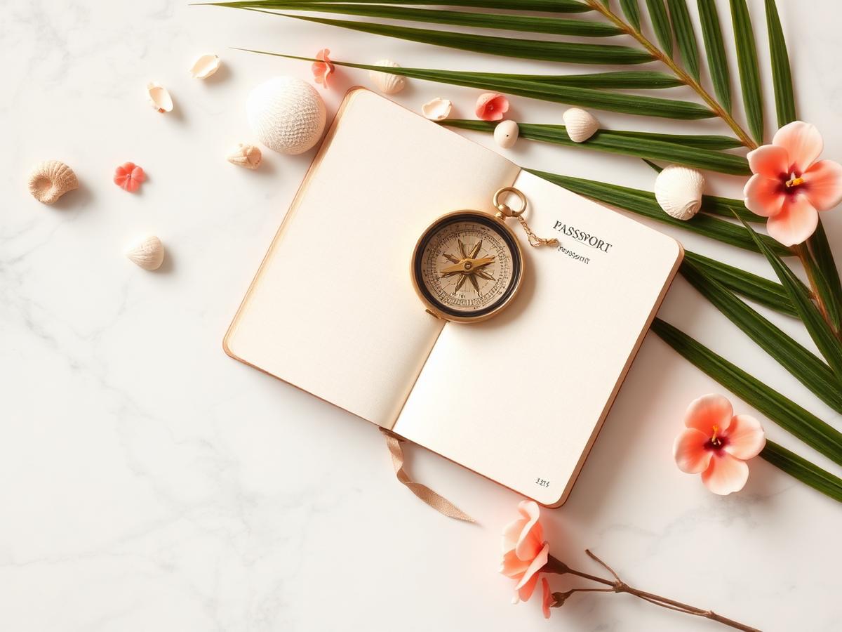 Passport, compass and tropical flowers